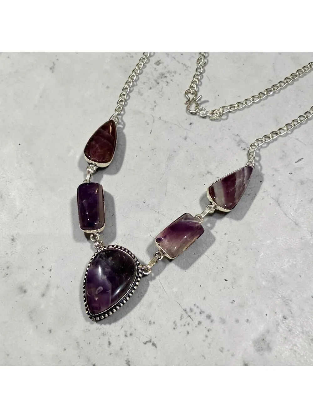 Chevron Amethyst 925 Silver Plated Necklace